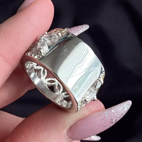 Solid Sterling Silver 925 Clear and Yellow Cubic Zirconia Stones Cocktail Ring - Picture 2 of 6